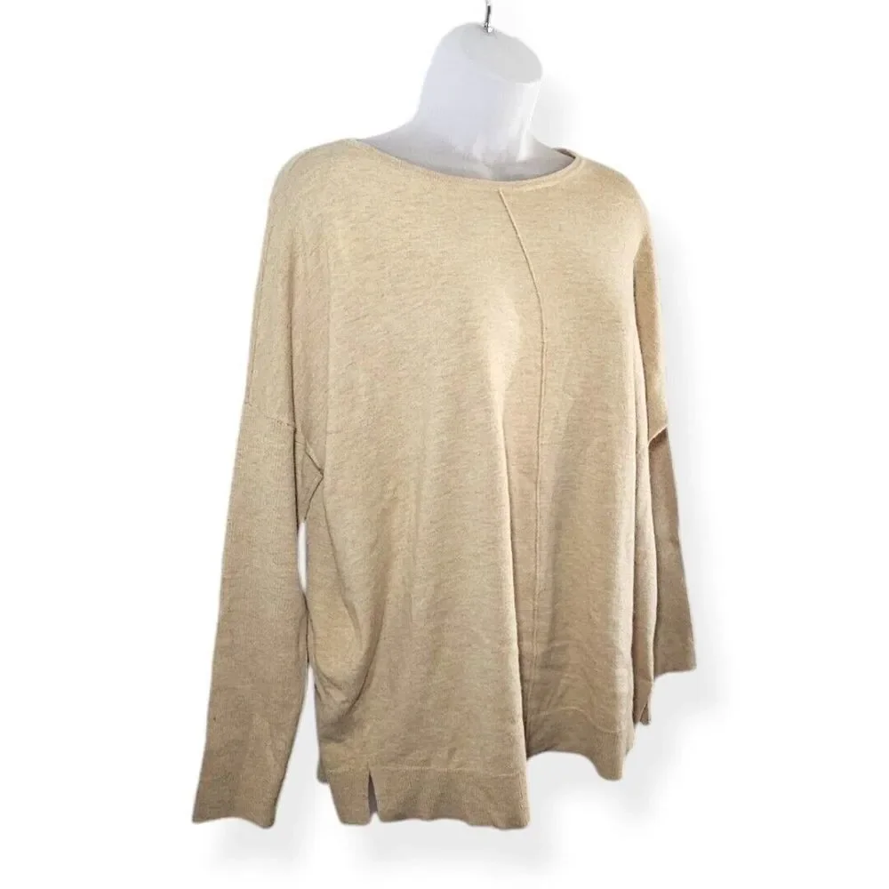 Chicos Center Seam Cashmere Blend Ribbed Sleeve Khaki Biege Sweater Womens Sz 1‎